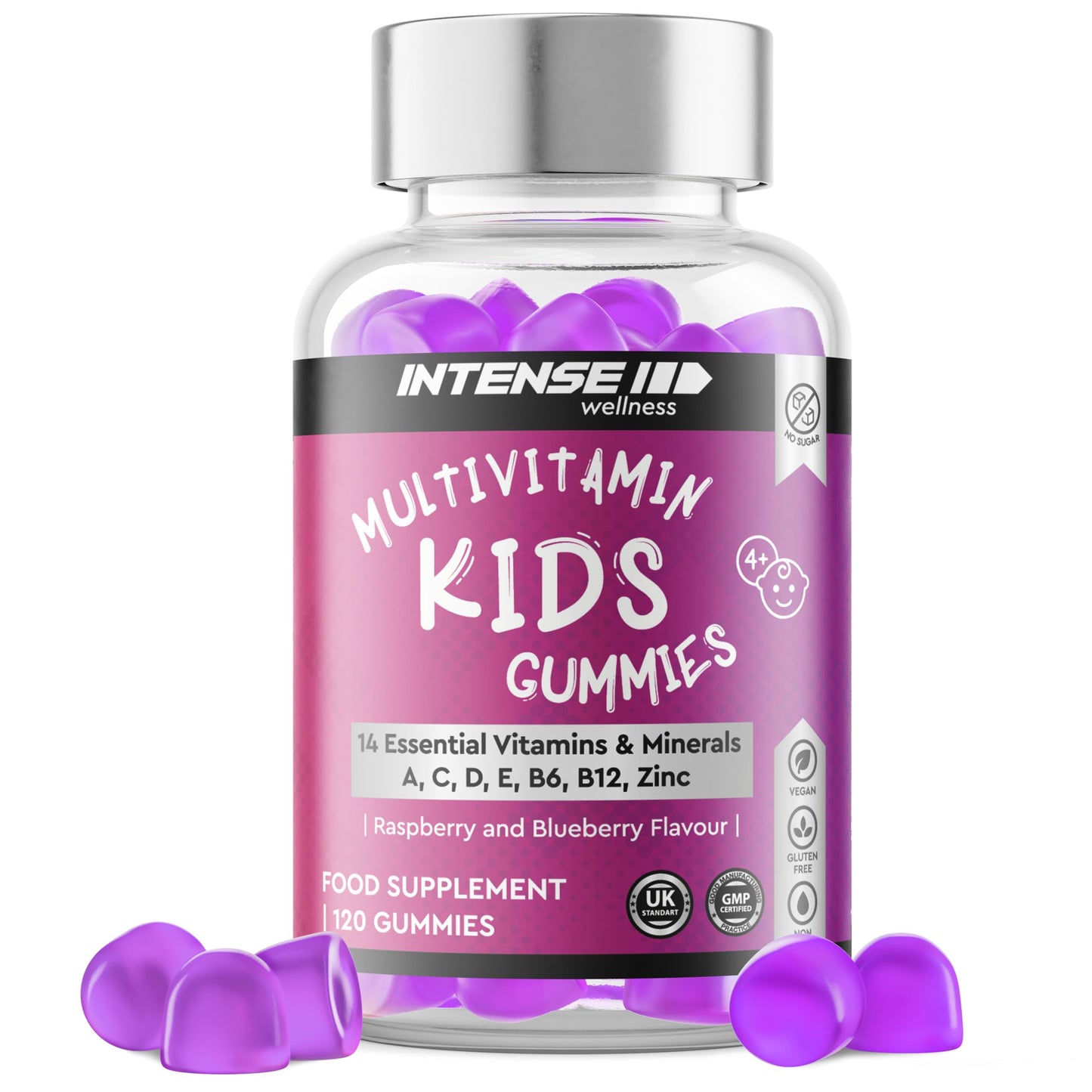 Intense Wellness INTENSE Wellness Multivitamin Gummies for Kids - Vegan Gummies with 14 Vitamins, Minerals, B6, B12 - Raspberry/Blueberry Flavour - Healthy Multi Gummies Boost Immunity, Bone Health, more - 120 Gummies