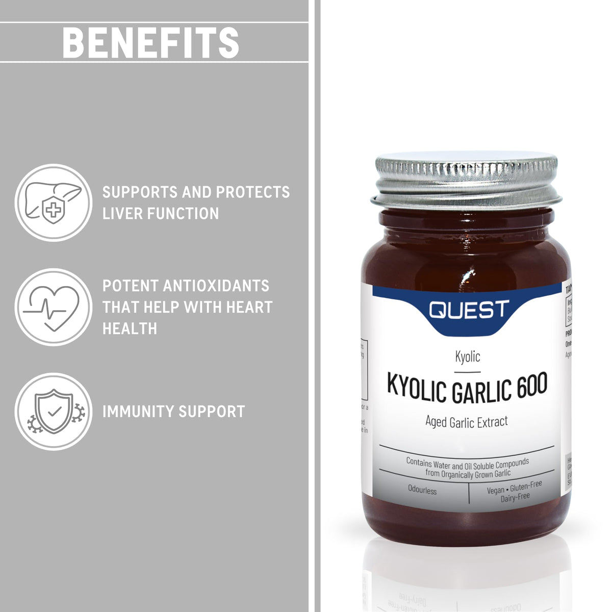 Quest - 90x Kyolic Garlic Tablets. High Strength 600mg Odourless Aged Garlic Extract for Heart, Immune, Digestive & Cognitive Health. Daily Dietary Supplement. Vegan & Gluten-Free (Pack of 1)