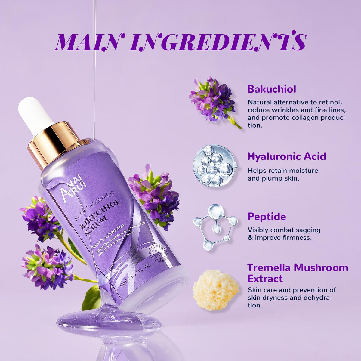 ANAI RUI ANAiRUi Christmas Gifts Bakuchiol Serum 50ml, Retinol Alternative Face Serum for Face and Neck, Hydrating, Smoothing, Anti Aging, with Hyaluronic Acid & Peptide