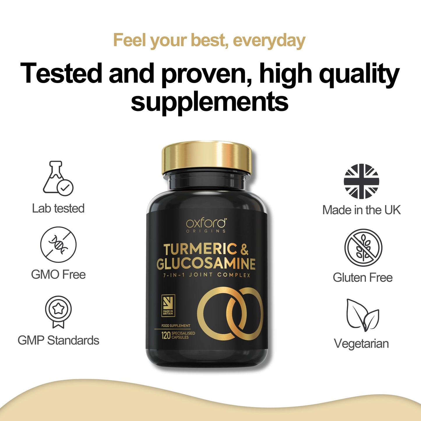 Oxford Origins 7-in-1 Turmeric and Black Pepper Capsules w/Glucosamine and Chondroitin High Strength | Made in the UK | High Absorption Tumeric Supplement | Glucosamine Sulphate & Turmeric Tablets | 120 Capsules