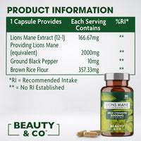 Lions Mane 2000mg with Black Pepper, 90 Capsules - 3 Months Supply of High Strength Lions Mane from Beauty & Co Brand, Vegan, Made in The UK.