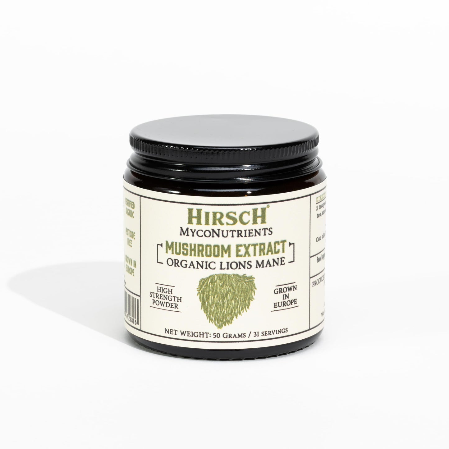 Hirsch Organic Lions Mane High Strength Extract Powder - Organically Grown in The EU - Non-GMO - No Added Fillers