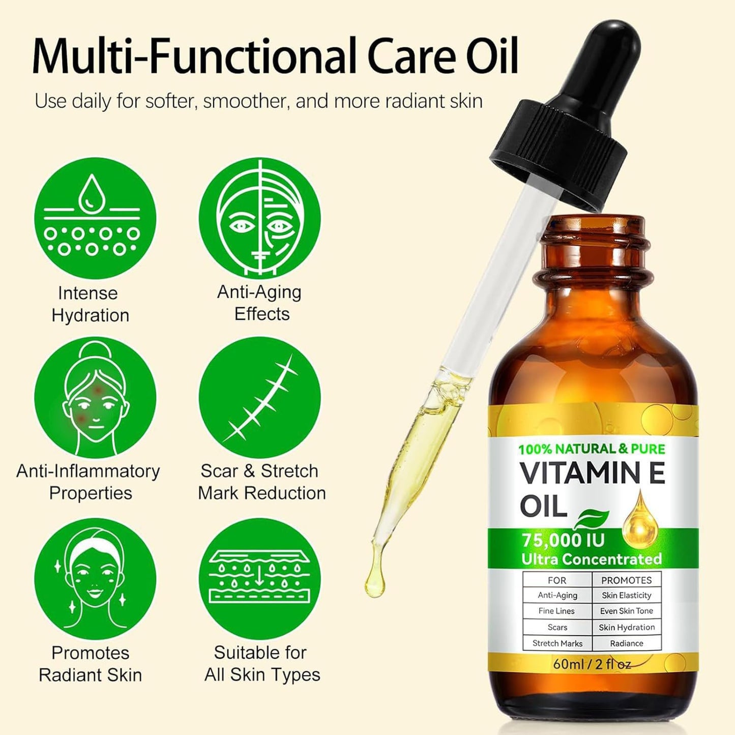 Pure Vitamin E Oil for Skin & Hair – 100% Natural, 75,000 IU, 2 Fl Oz | Deeply Moisturizes, Repairs & Protects | Non-Greasy Cold-Pressed Formula | Nourishes Face, Body, Scars, Cuticles + Hair Health