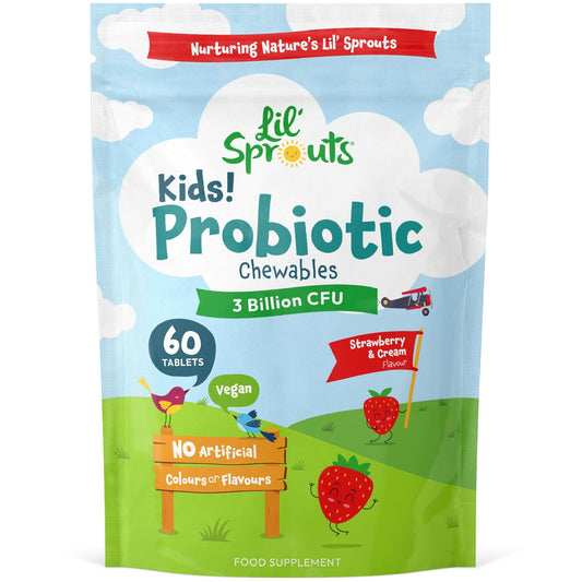Kids Probiotics 3 Billion CFU | 60 Vegan Chewable Tablets | Natural Strawberry and Vanilla Flavour | Multi-Strain with Lactobacillus and Acidophilus | No Artificial Preservatives | by Lil' Sprouts