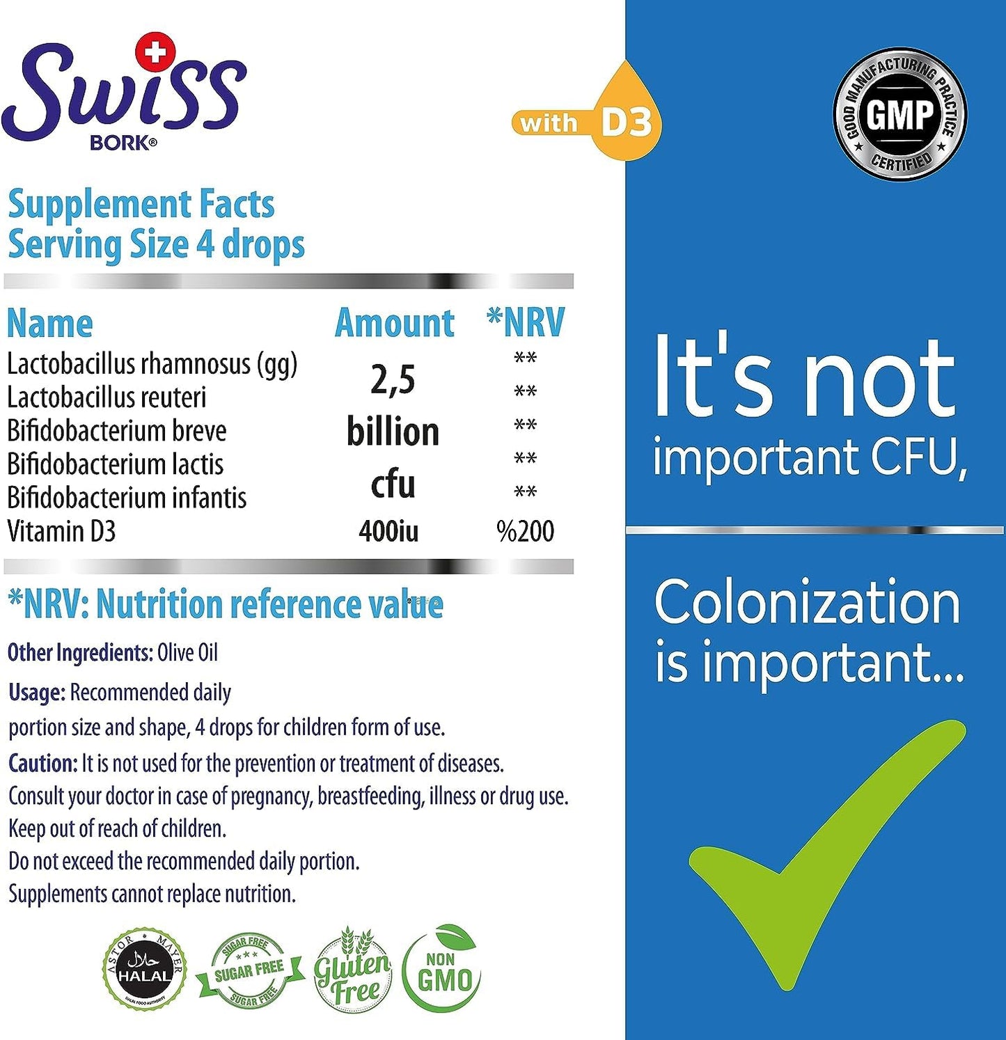 SWISS BORK Baby Probiotic Drops with Vitamin D3 — Kids Probiotics for Gut Health, Effective Digestive Support, and Colic Relief – 10ML & 45 Days’ Supply (Halal)