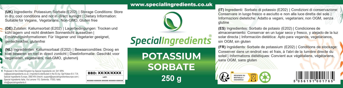 SPECIAL INGREDIENTS Potassium Sorbate (Mould Inhibitor) 250g Premium Quality, Non-GMO, Gluten Free – Recyclable Container