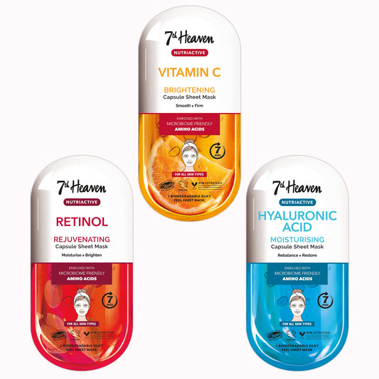7th Heaven Nutriactive Skincare - 3 Face Sheet Masks - Hyaluronic Acid, Vitamin C and Retinol