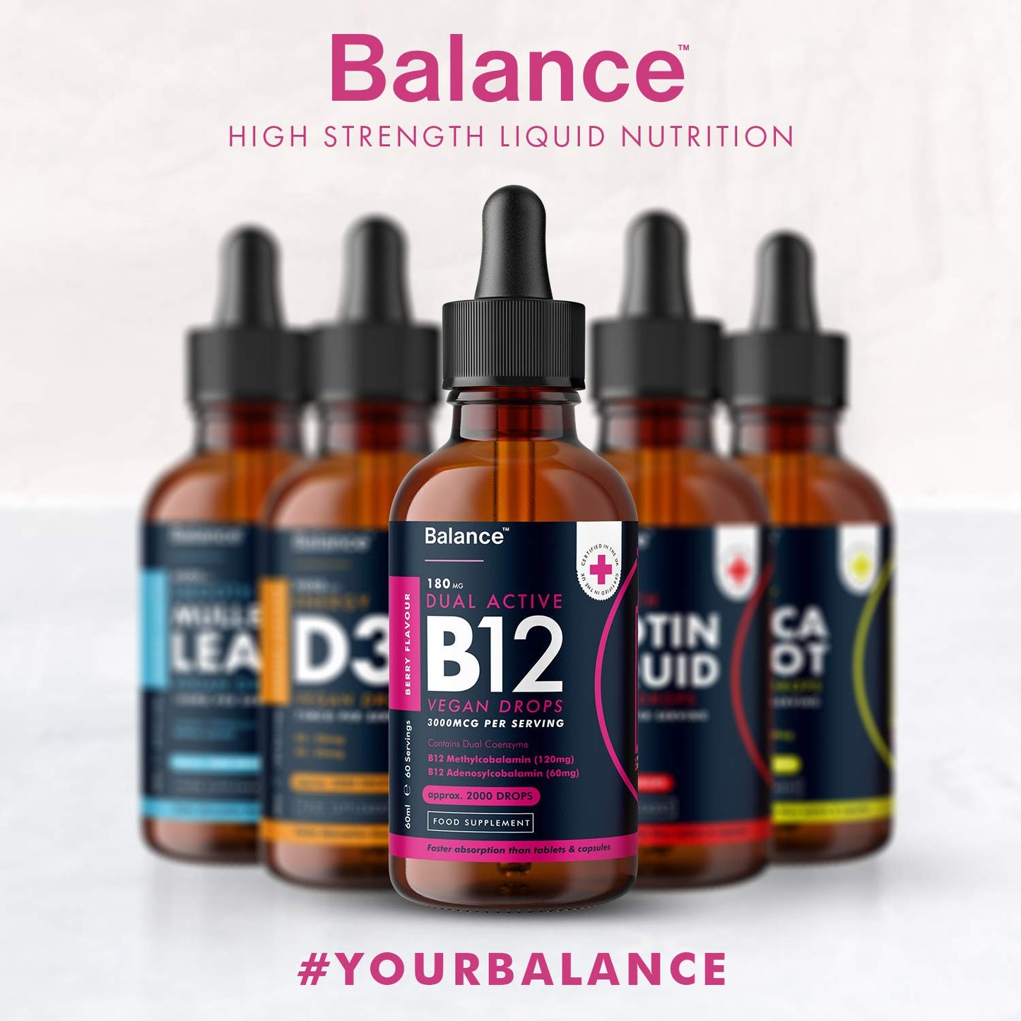 Balance Vitamin B12 Liquid Drops - High Strength 3000mcg - 60ml Dropper Bottle - Vegan Friendly - Sublingual and Dual Action for Fast Absorption - Gluten Free - Made in The UK