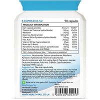 Vitamin B Complex B-50 90 Capsules (V) (not Tablets) High Potency Vegan B-Complex with PABA. Made in The UK by Health4All