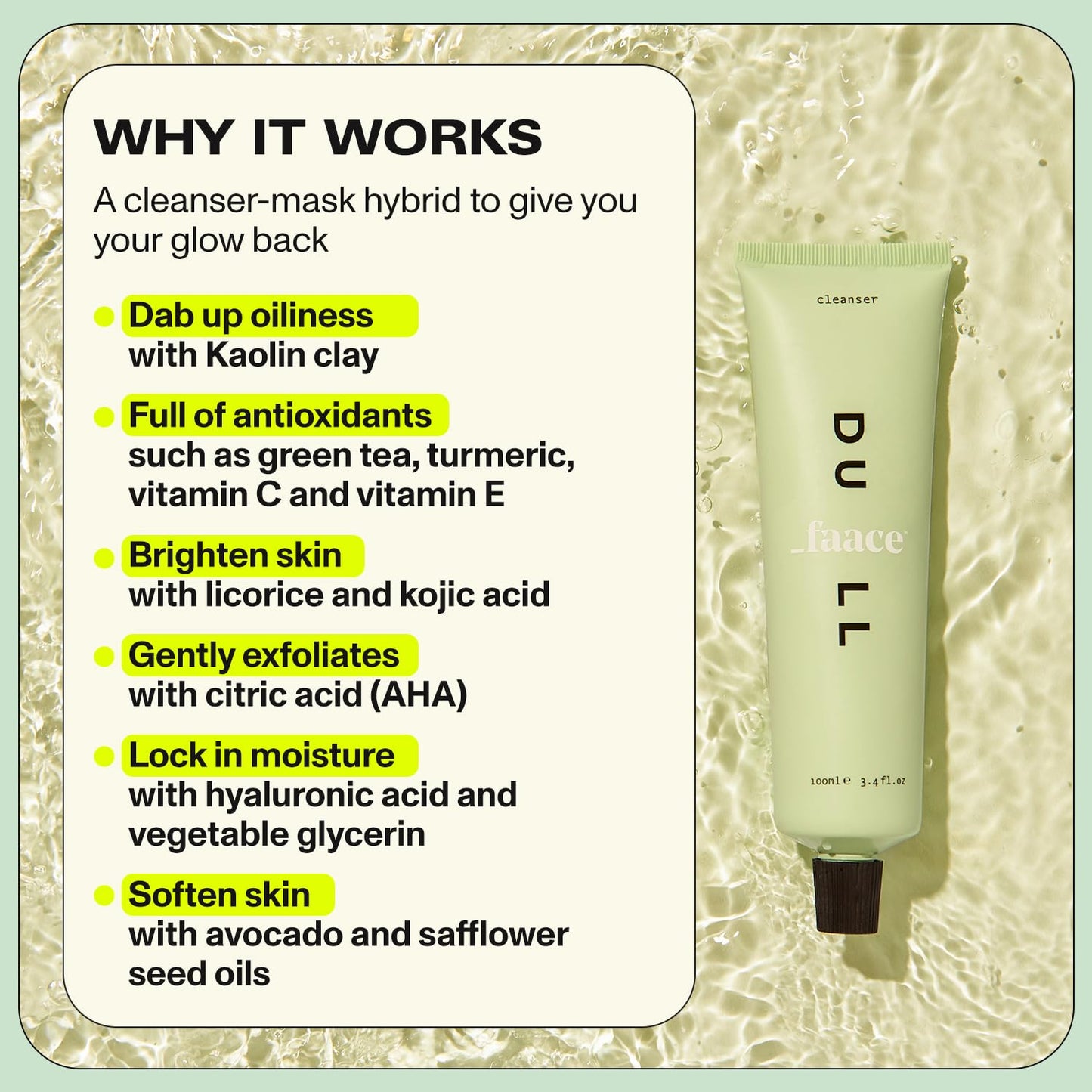 Faace Dull Daily Cleanser & Face Mask As Seen On Dragons Den - Brighter, Smoother, Radiant Skin - Kaolin Clay, Green Tea, Vitamins C & E - Made in UK - Vegan & Organic Skincare 100ml