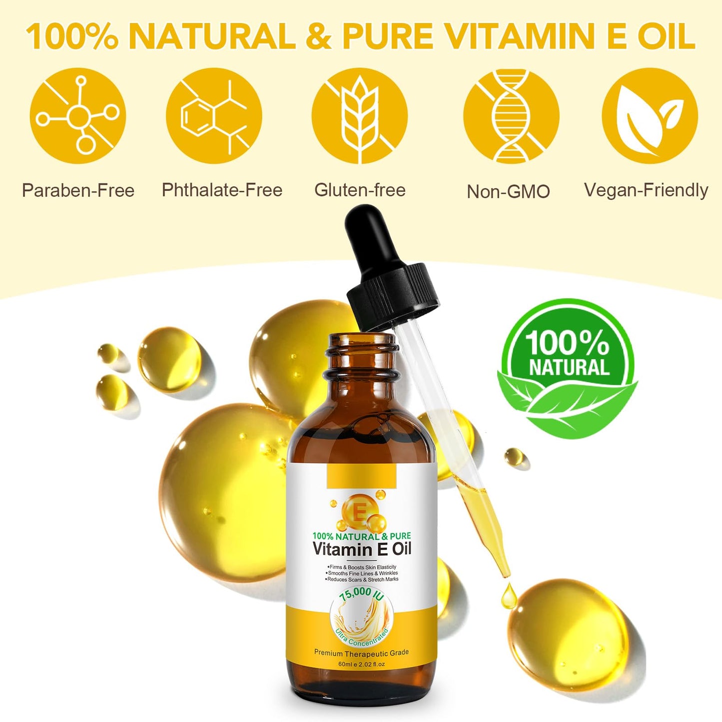 LEISGOTO Vitamin E Oil, 100% Pure Natural Plant Extracts Vitamin E Oil for Skin, Face, Reduces Scars & Stretch Marks, Smooths Fine Lines & Wrinkles, Firms & Boosts Skin Elasticity - 60ml Body Oil (Pack of 2)