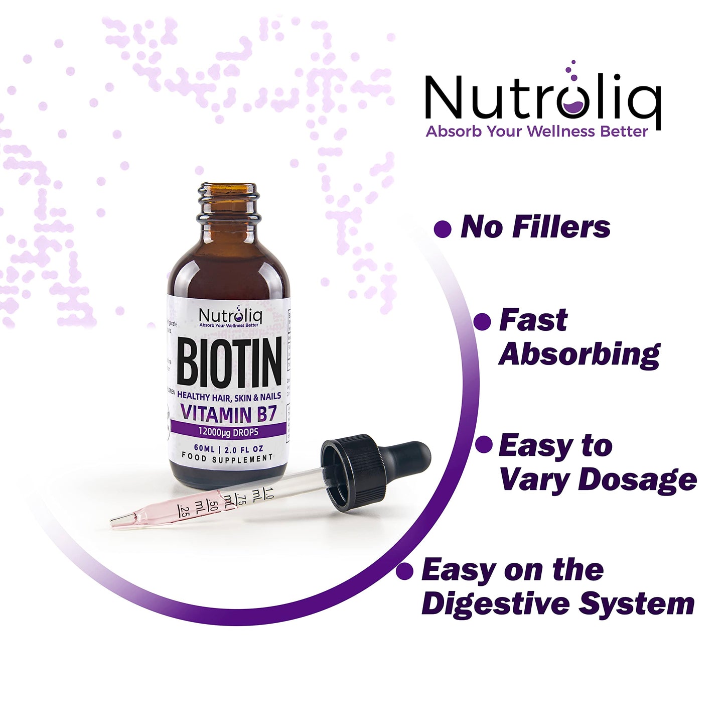 Nutroliq Absorb Your Wellness Better Nutroliq Biotin Liquid Drops - Vegan Vitamin B7 Dietary Supplement for Hair, Nail & Skin Health - Pure 12000mcg Biotin Drops for Hair Growth - Extra Strength Berry-Flavoured Vitamin H Serum - 60 ml