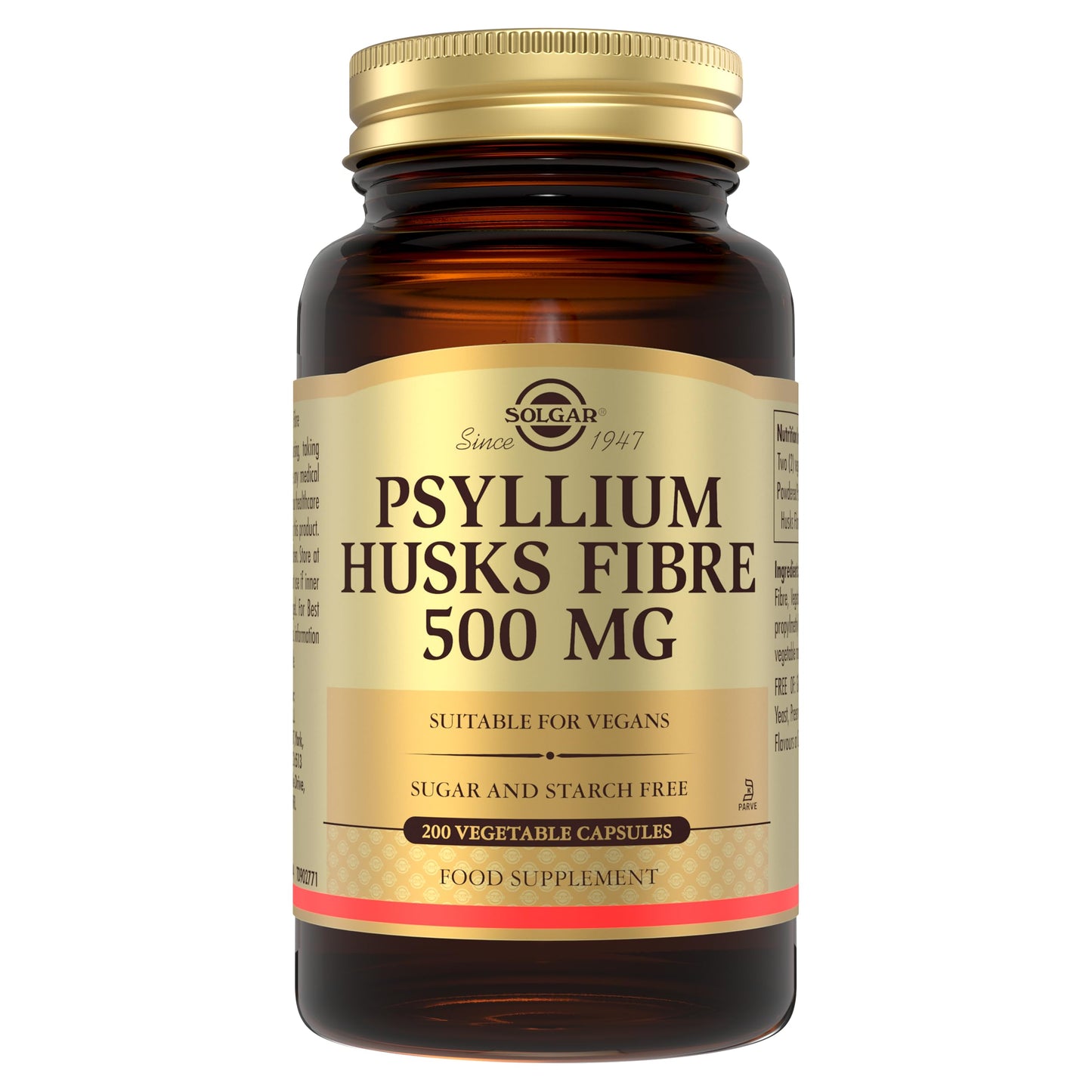Solgar Psyllium Husks Fibre 500 Mg Vegetable Capsules, Pack of 200, High in Soluble Fiber, Vegan