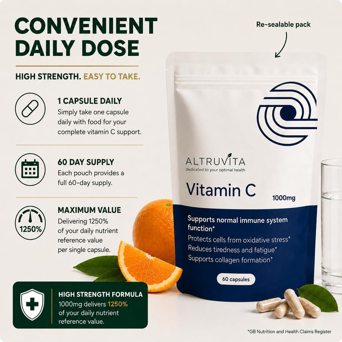 Altruvita AltruVita Vitamin C Supplement 1000mg, High Strength, High Absorption, Supports Immune Health, Antioxidant Protection, Reduces Fatigue, 60 Capsules, 2-Month Supply Vegan, Made in the UK