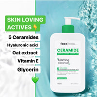 Face Facts Ceramide Foaming Cleanser; Deep cleanses, strengthens, 5 Ceramides plus Niacinamide, moisture locking Hyaluronic Acid; Helps strengthen protective skin barrier; Fragrance free; 400ml