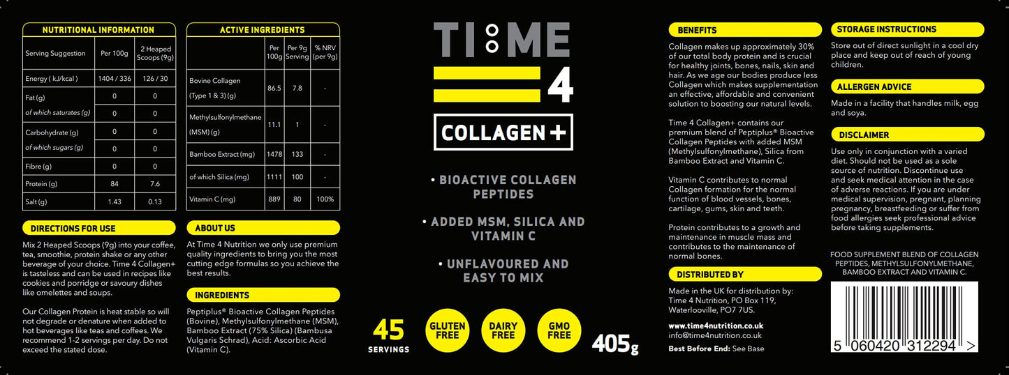 Time 4 Collagen + 45 Servings – Pure Hydrolysed Collagen Powder for Women & Men, MSM, Silica from Bamboo & Vitamin C – Collagen Protein Powder for Joint Care, Bones, Hair, Nails, Skin & Wrinkles
