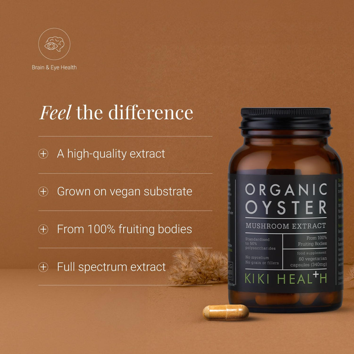 KIKI HEALTH KIKI Health Organic Oyster Extract Mushroom | Standardised to 50% Polysaccharides | Real Fruiting Bodies Extract | Vegan, Gluten-Free, Non-GMO - 60 Vegicaps