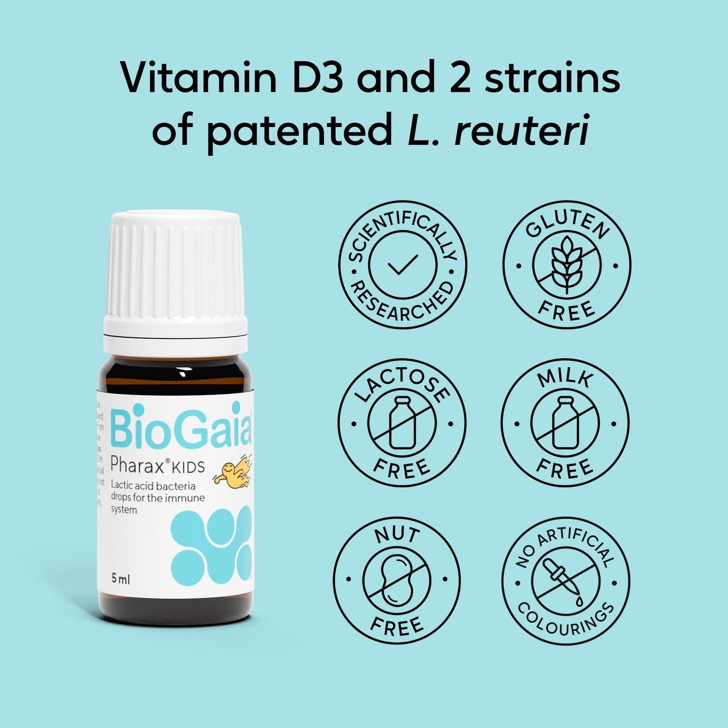 BioGaia Pharax Kids Drops with Vitamin D | Probiotic Supplement for Children & Toddlers | Immune Support with 100 Million Live L. Reuteri Probiotics | Features LongevityGuard | 5 ml