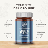Love Mushrooms Lion's Mane Capsules, 60,000mg, 60 Capsules, Mushroom Supplement to Support Brain Health, Focus & Memory, Organic & Vegan