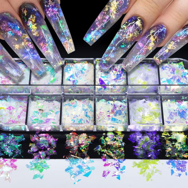 jmeowio Holographic Mermaid Nail Art Glitter Flakes JMEOWIO 12 Grids Holographic Nail Foil Gradient Bright Iridescent Ice Slag Nail Sequins Paillettes Summer Nail Art Decoration for Women Girls