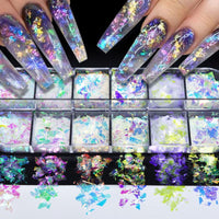 jmeowio Holographic Mermaid Nail Art Glitter Flakes JMEOWIO 12 Grids Holographic Nail Foil Gradient Bright Iridescent Ice Slag Nail Sequins Paillettes Summer Nail Art Decoration for Women Girls