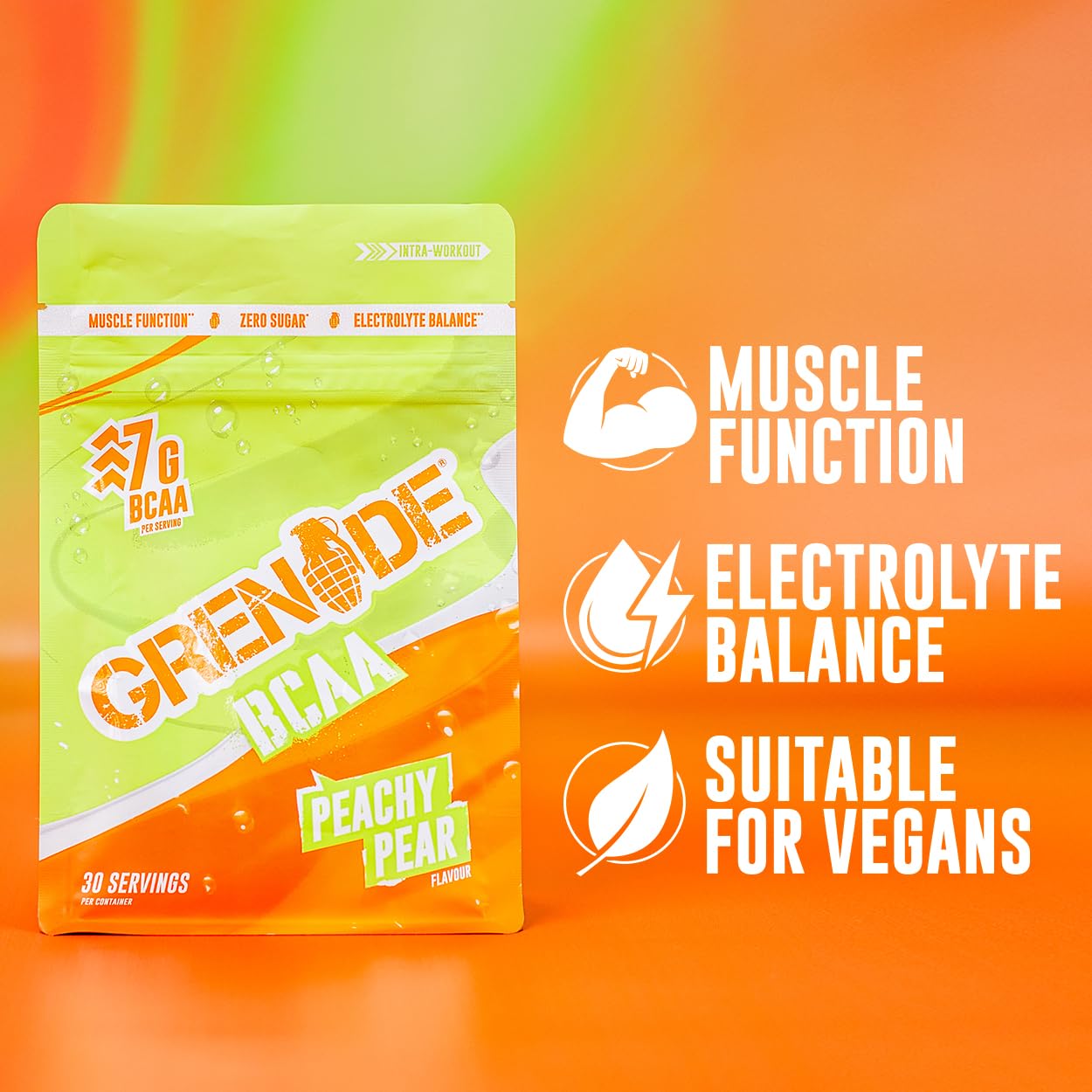 Grenade BCAA Intra Workout Powder Zero Sugar Drink packed with Amino Acids including B-Vitamins, Magnesium & Glutamine (30 Servings) - Peachy Pear, 390 g (Pack of 1)