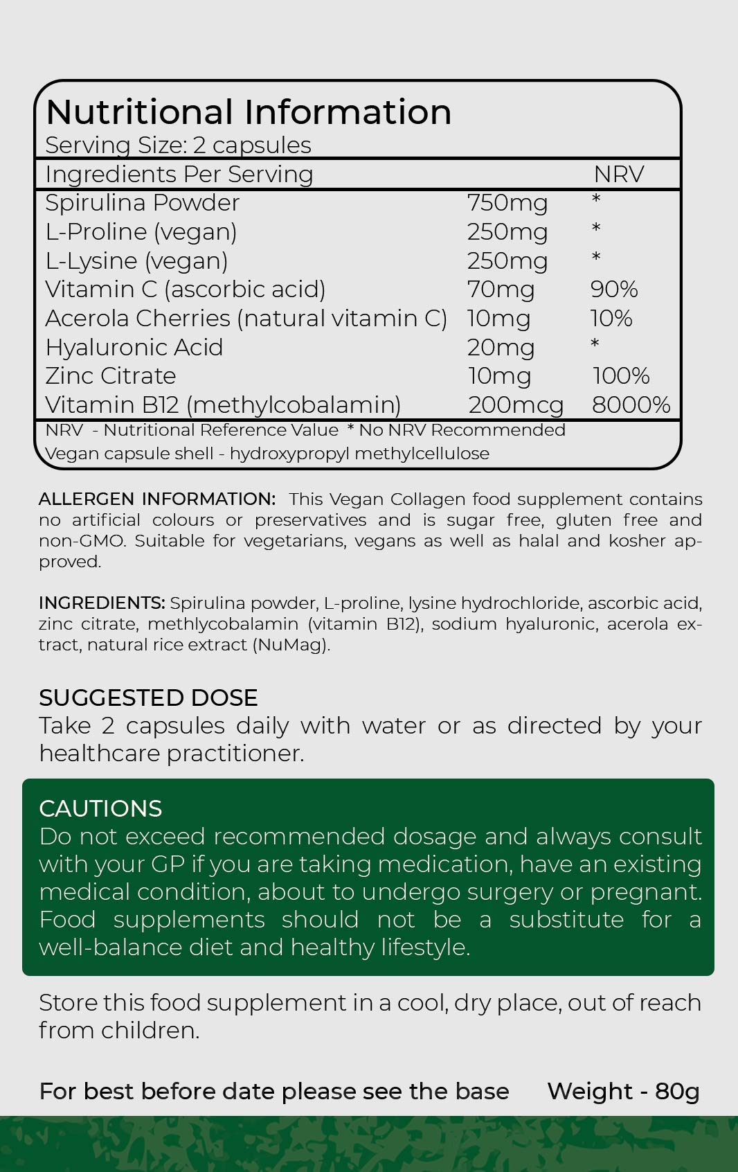 Vegan Collagen Supplement | 1400mg | Spirulina | L-Lysine | L-Proline | Acerola Cherries | Vitamin C & B12 | Zinc | Hyaluronic Acid | UK Made