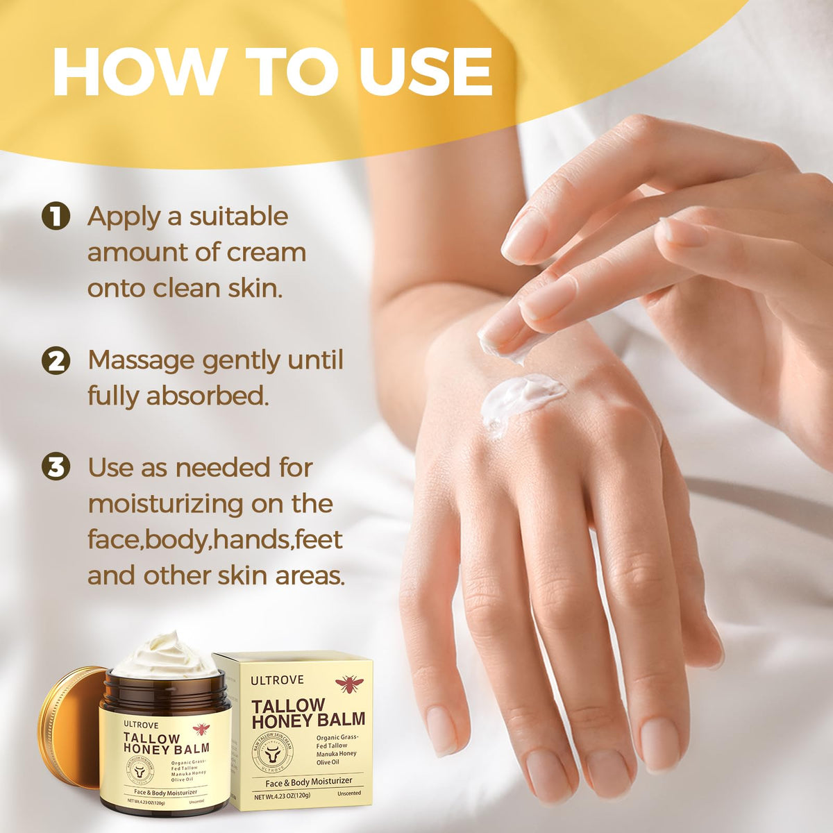 Ultrove ULTROVE Beef Tallow and Honey Balm for Skin, Natural Face + Body Moisturizer with Organic Grass-Fed Beef Tallow & Raw Wild Honey for Dry & Sensitive Skin, 4.23oz