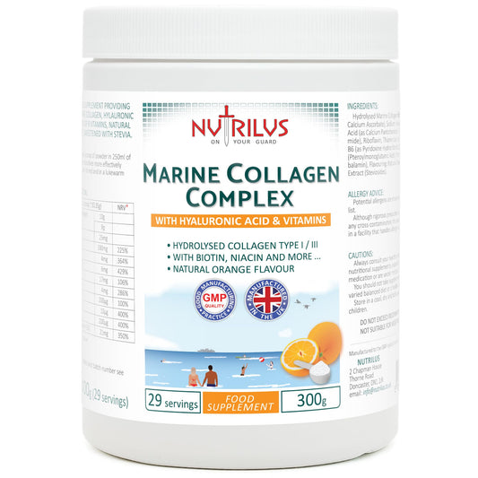 Nutrilus Hydrolysed Marine Collagen Powder 300g with Hyaluronic Acid and Vitamins - 29 Servings - with Biotin, Folic Acid, B12 & more - High Protein - for Skin, Hair, Nails, Joints (Orange)