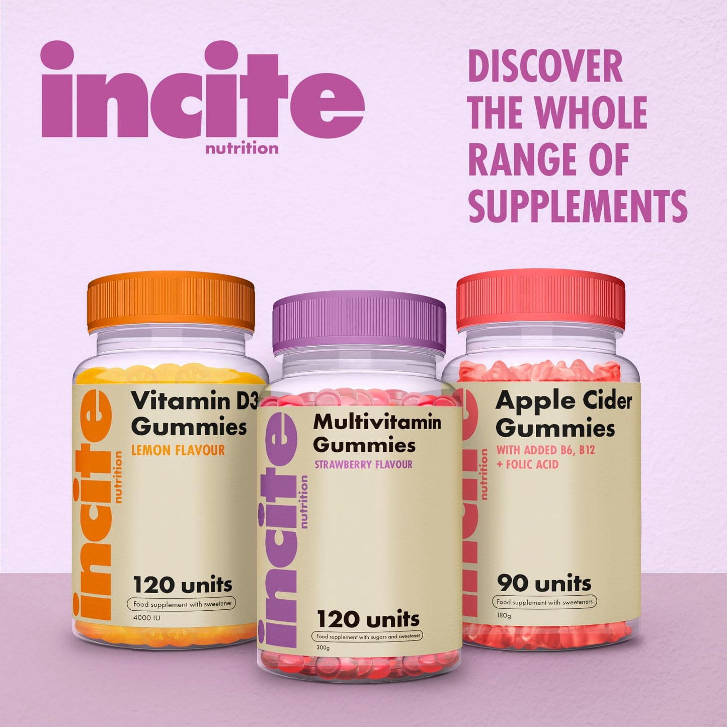 Incite Nutrition Multivitamin Gummies. 120 Strawberry Flavour Chewable Biotin Gummies. Contain Vitamins A, B6, B12, C, D3, E, Folic Acid and Zinc. 2 Month Supply of Multivitamins for Adults