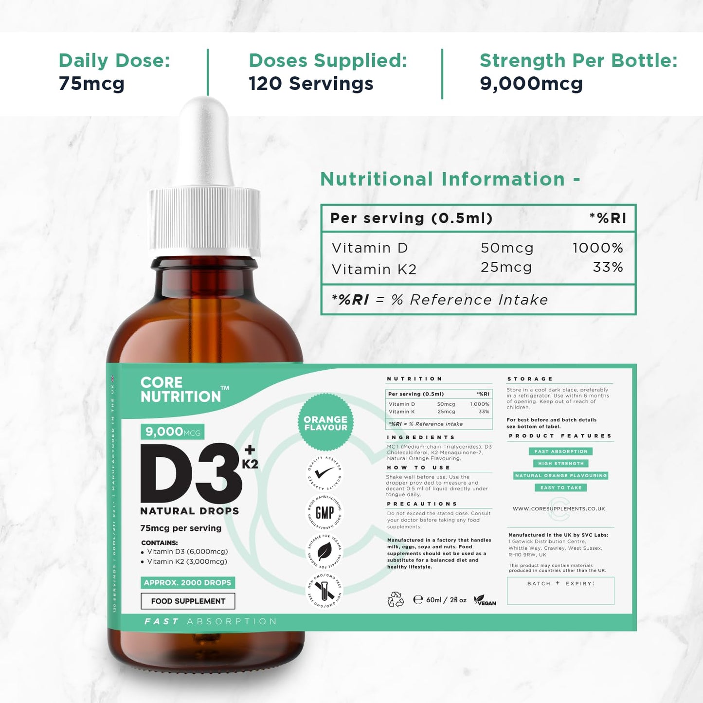 Vitamin D3 + K2 Liquid Drops by Core Nutrition - Vegan - High Strength 2000iu D3 + 25mcg K2-2 Month Supply - 120 Servings - 9,000mcg 60ml Bottle - Made in UK