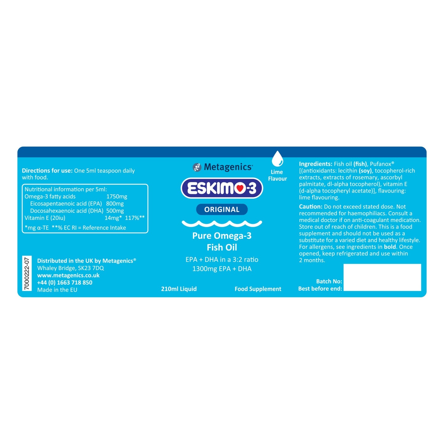 Eskimo-3 Fish Oil Liquid by Metagenics - Source of Omega-3 and Essential Fatty Acids EPA & DHA - Lime, 210ml