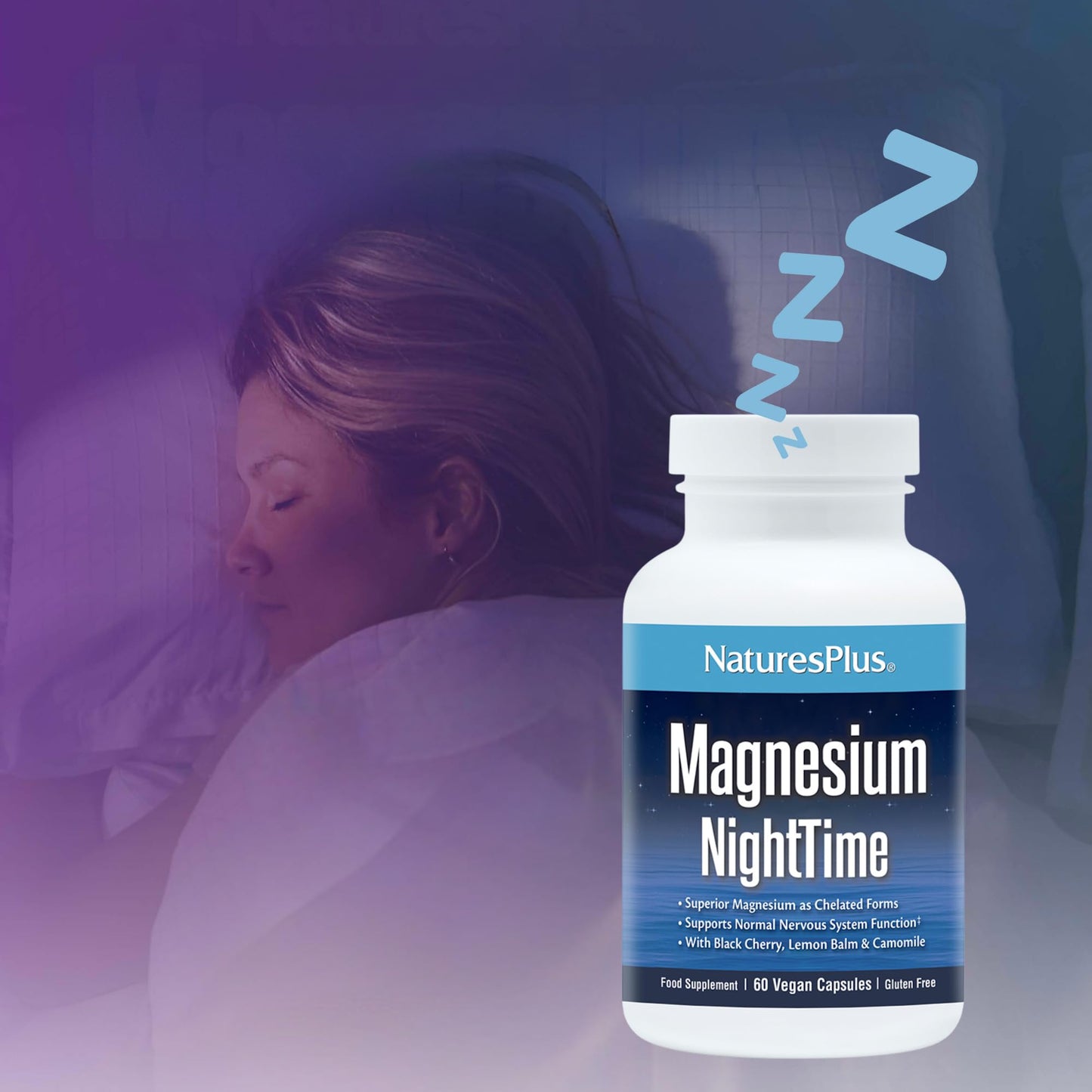 Nature's Plus NaturesPlus Magnesium Night Time - Magnesium Glycinate and Taurate Supplement with L-Theanine, Ashwagandha, Lemon Balm, B6, Hops - Vegan, Gluten Free - 60 Capsules