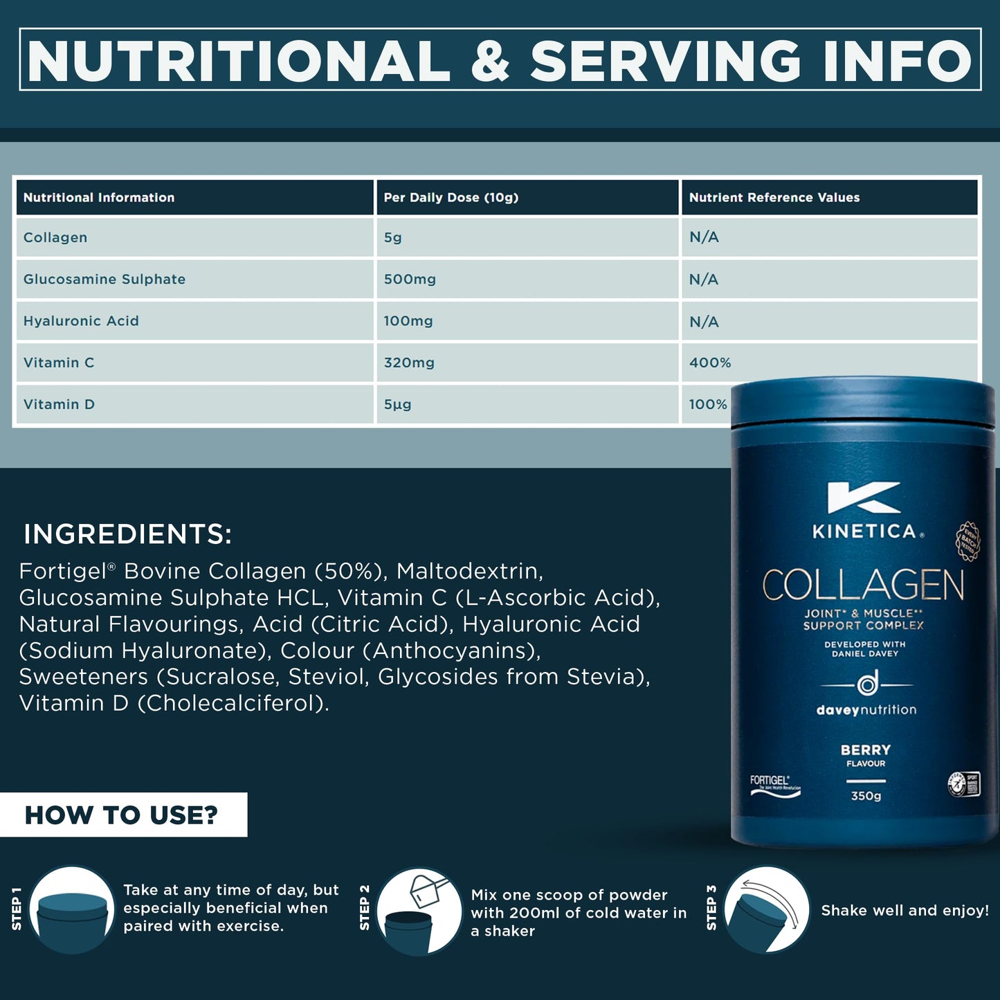 Kinetica Sports Collagen Powder - Berry Flavour | 350g | 5g FORTIGEL Bovine Collagen/Serve, 320mg Vitamin C, 5μg Vitamin D, 100mg Hyaluronic Acid & 500mg Glucosamine Sulphate | Joint & Muscle Support
