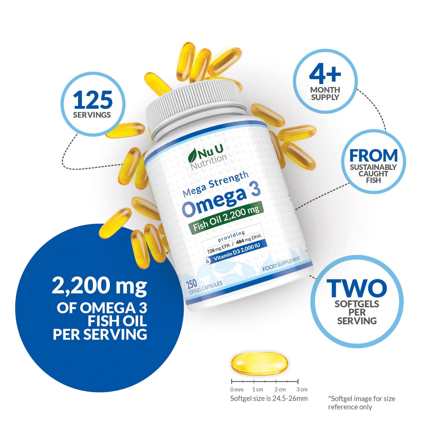 Nu U Nutrition - Omega 3 2200mg & Vitamin D3 2000IU - 250 Softgel Capsules - 726mg EPA & 484mg DHA per Serving - Alternative to Cod Liver Oil Capsules - High Strength, Wild Caught - Made in the UK