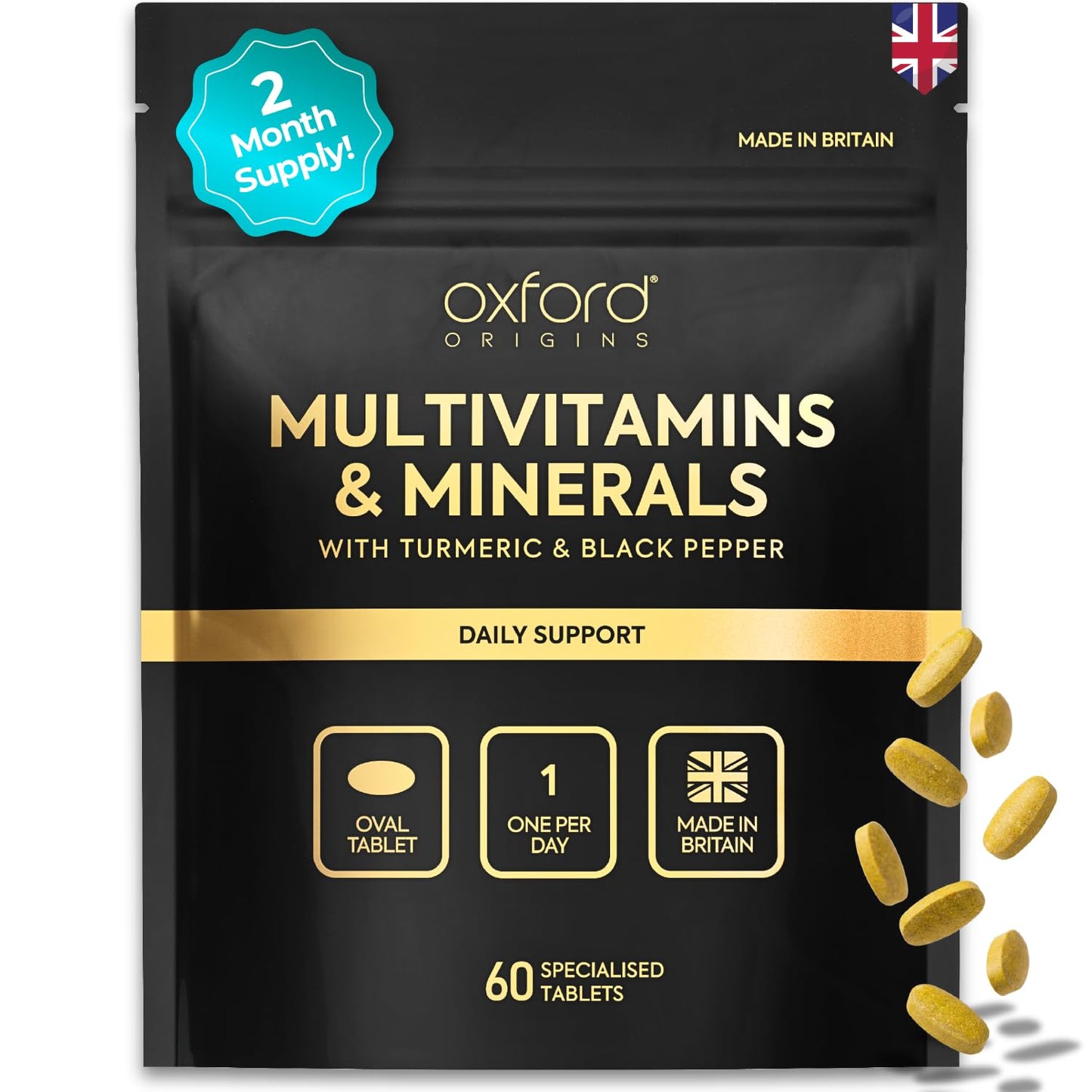 Oxford Origins Award Winning Multivitamins and Minerals Boosted with Turmeric | Made in The UK | Vegan Multivitamin Tablets for Women & Men | 100% NRV Multivitamin with 28 Key Nutrients (180 Count)