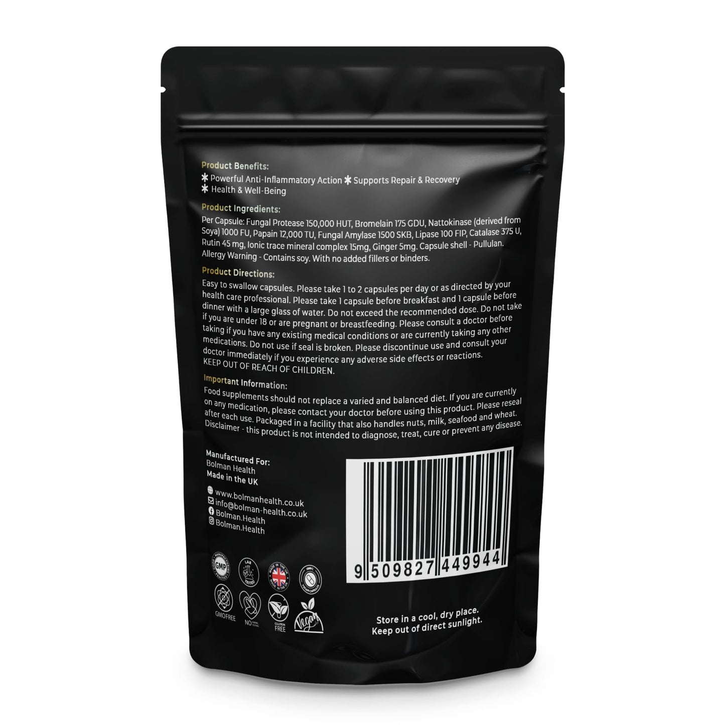 Bolman Health Systemic Proteolytic Enzymes | UK Made | Mixed Enzyme Formula | 60 HMPC Vegan Friendly Capsules | Repair & Recovery | No Addictives