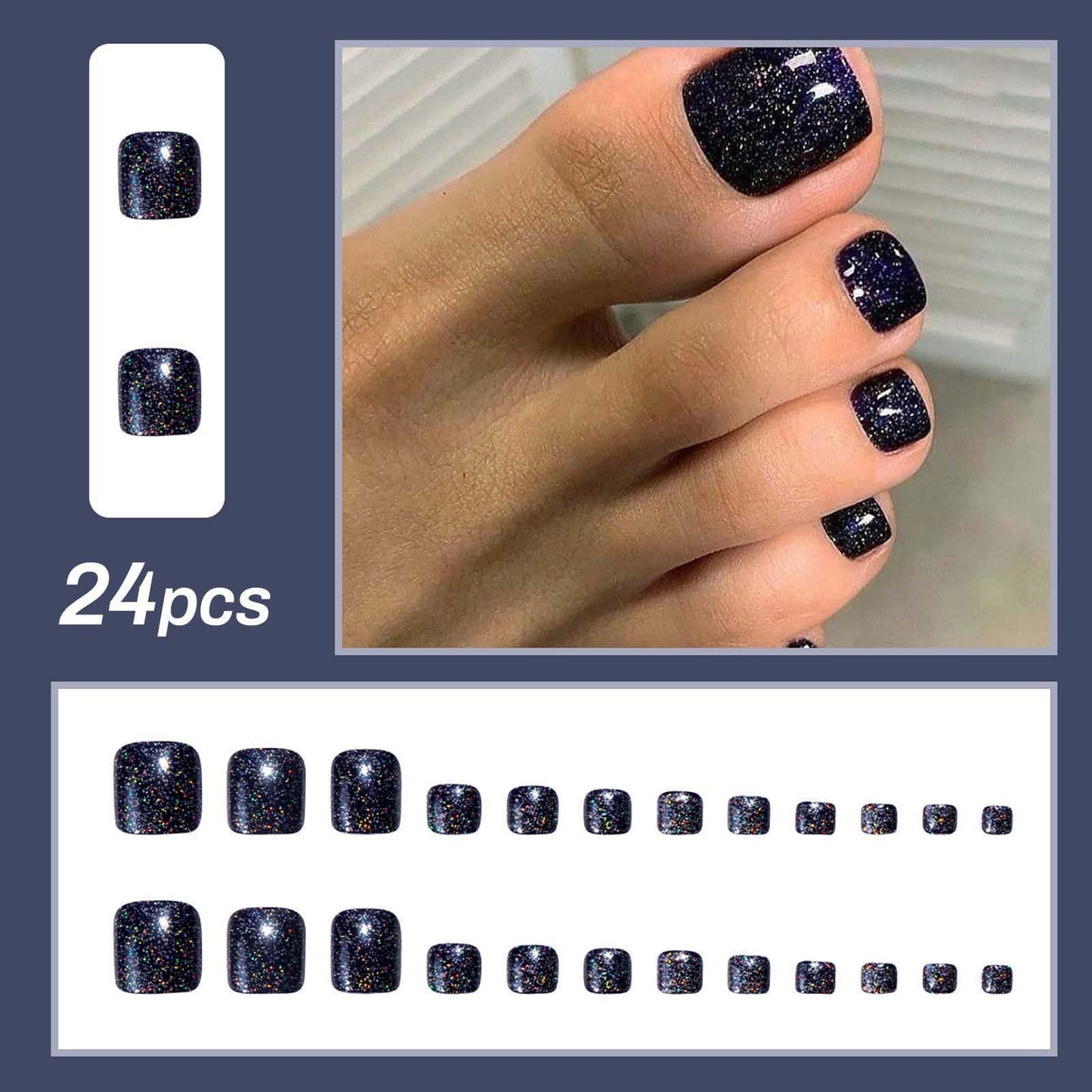 Generic Dark Blue Glitter Gel Starry Sparkle False Toenails - Short Square Full Coverage Press On Pedicure Set In 12 Sizes For Women, Elegant Glamorous Solution For Everyday Wear And Special Occasions
