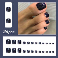 Generic Dark Blue Glitter Gel Starry Sparkle False Toenails - Short Square Full Coverage Press On Pedicure Set In 12 Sizes For Women, Elegant Glamorous Solution For Everyday Wear And Special Occasions