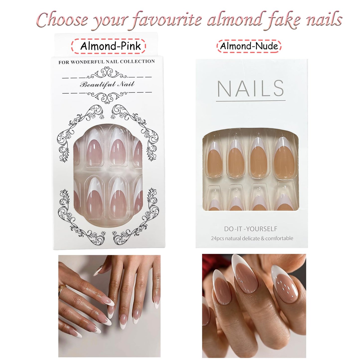 Maggidea French Tip False Nails, French Stick on Nails, 24pcs Strong Almond Style Press On Nails with Glue Elegant White Tips Design Fake Nails for Women Girls (Almond- Pink)