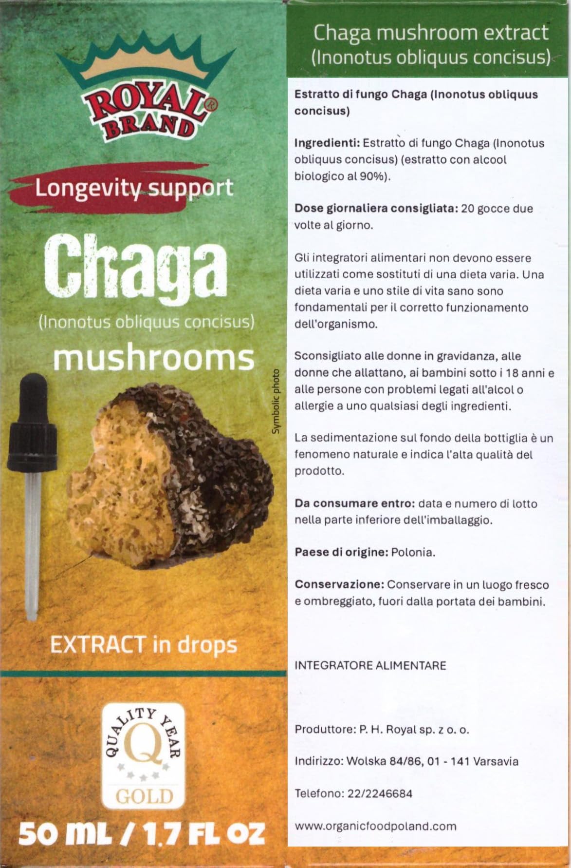 Royal Brand Chaga Extract Drops 50 ml / Chaga Mushroom / Better Than Chaga Mushroom Capsules / Liquid Extract Drops / 1.7 FL OZ