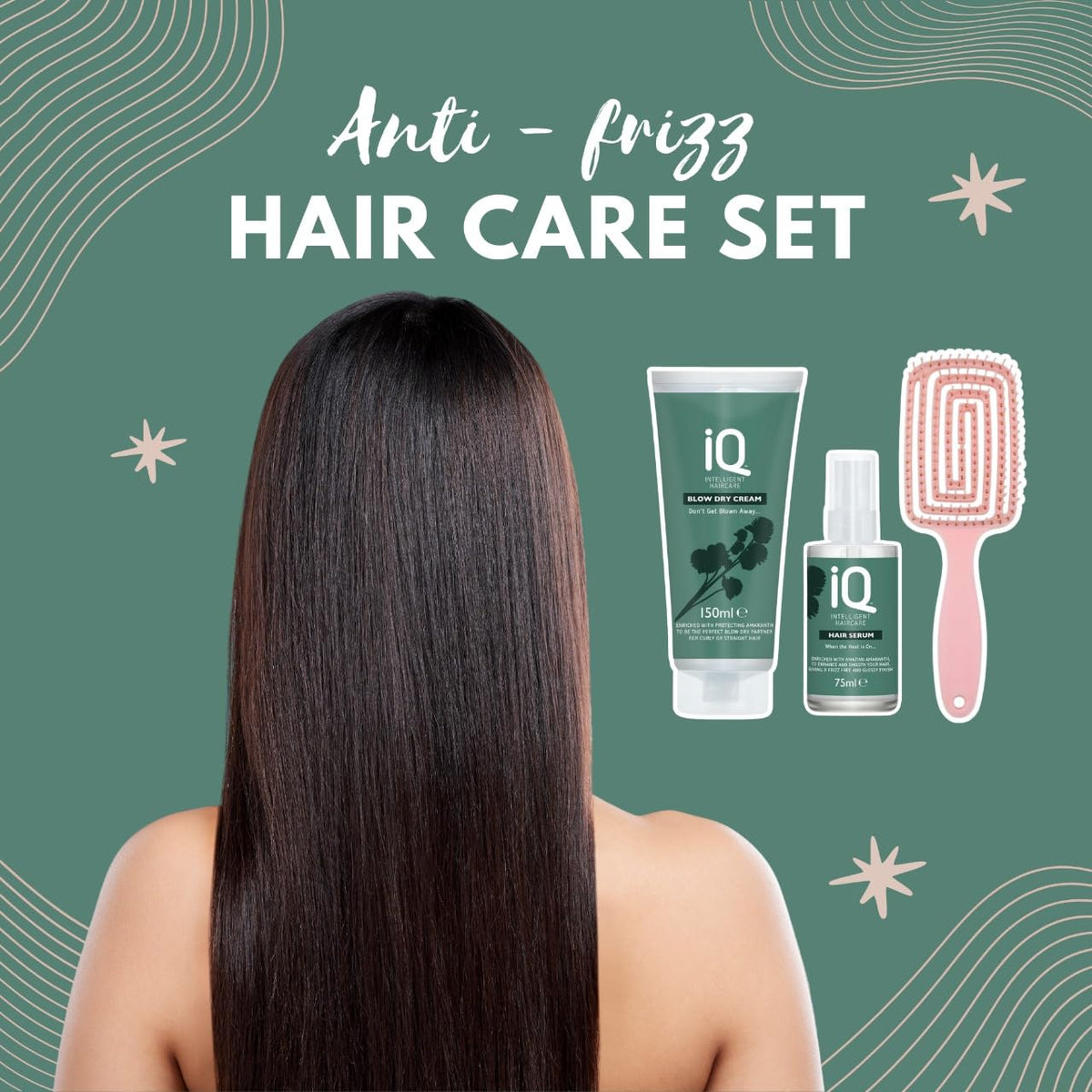 DCF Success IQ Haircare Essentials - IQ Hair Serum (75ml) for Nourishing Hydration, IQ Intelligent Blow Dry Cream (150ml) for Professional-Grade Styling, and a Detangling Hair Brush for Smooth, Tangle-Free Hair