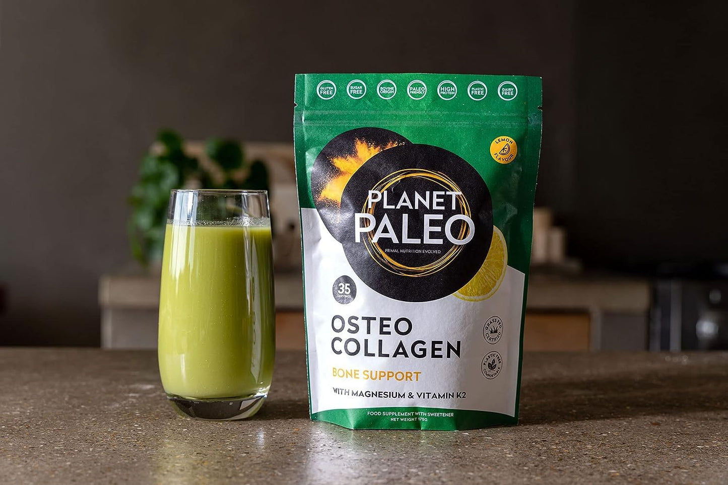 Planet Paleo Osteo Collagen Powder for Bone Health (175g, 35 Servings) Grass-Fed Bovine Collagen Peptides, with Zinc & Vitamin K2, Bone Density & Joint Health, Lemon