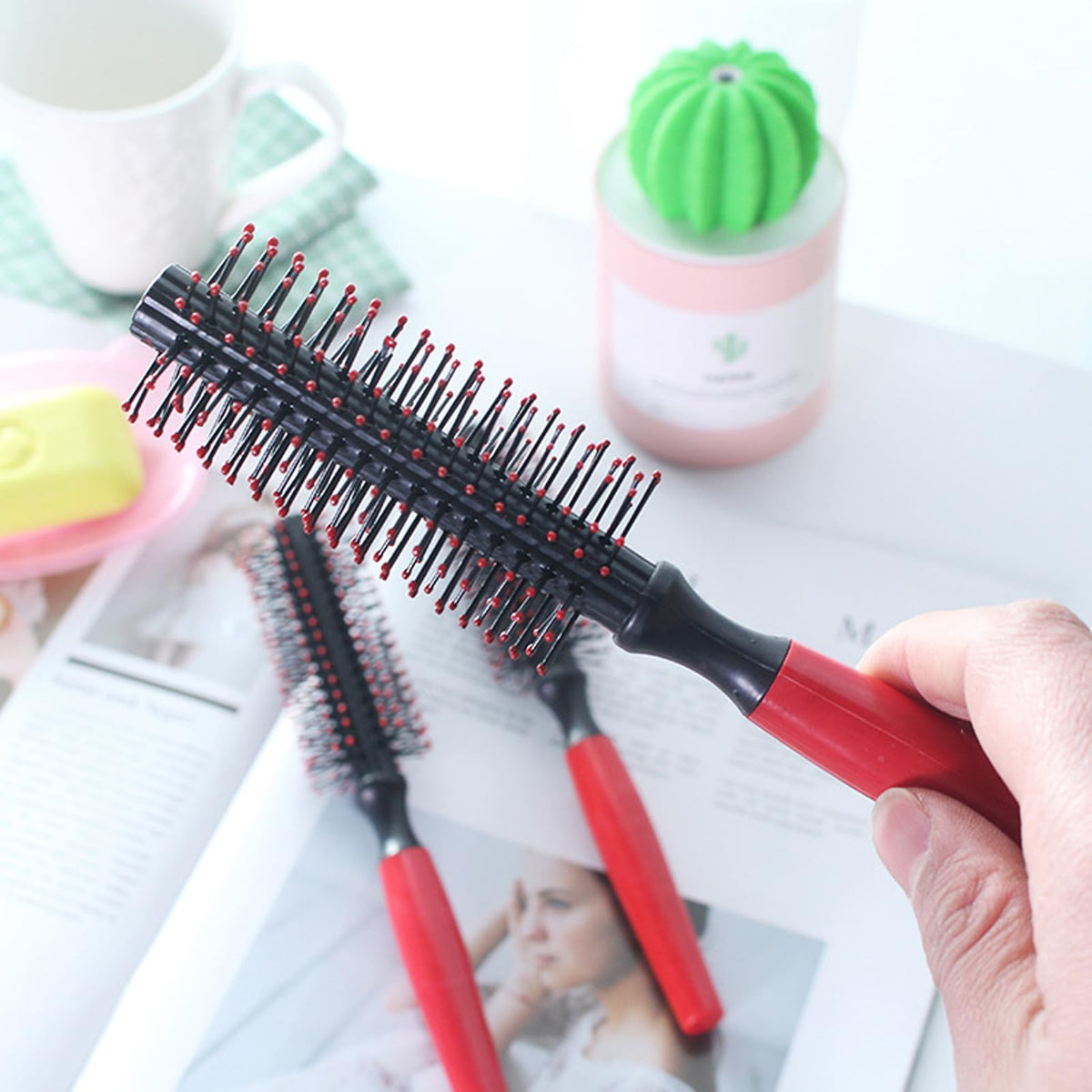 Generic Professional Quiff Roller Round Hair Brush with Red Rubber Grip Handle Slick Back, Curly Hair Brush Ideal round hair brush for men and Barbers rubber handle round brush