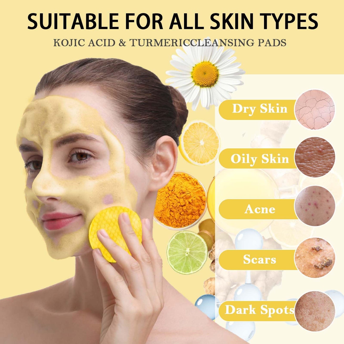 ZTSMSWY Turmeric Kojic Acid Pads,Kojic Acid and Turmeric Pads,Turmeric Kojic Acid Pads Exfoliating Pads, Turmeric Kojic Acid Cleansing Pads for Dark Spots 60 Pads