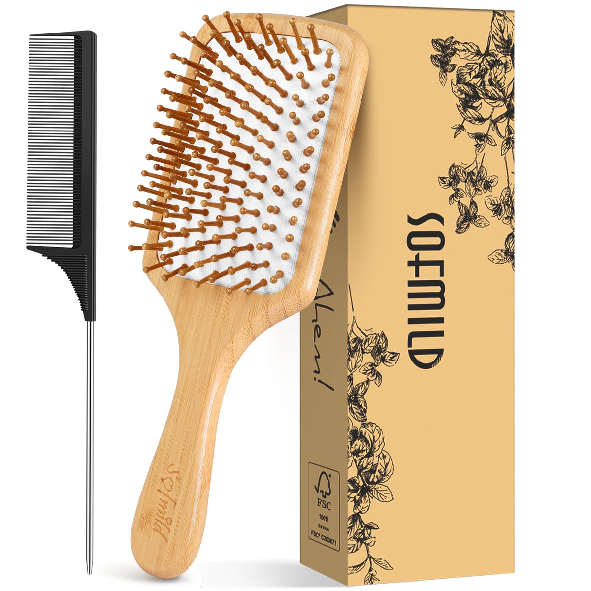Sofmild Hair Brush, Eco-Friendly Natural Wooden Bamboo Paddle Hairbrush for Long Short Curly Thick Thin Hair for Men Women Kids, Massaging Scalp, Reducing Tangle & Hair Breakage, Promoting Hair Growth