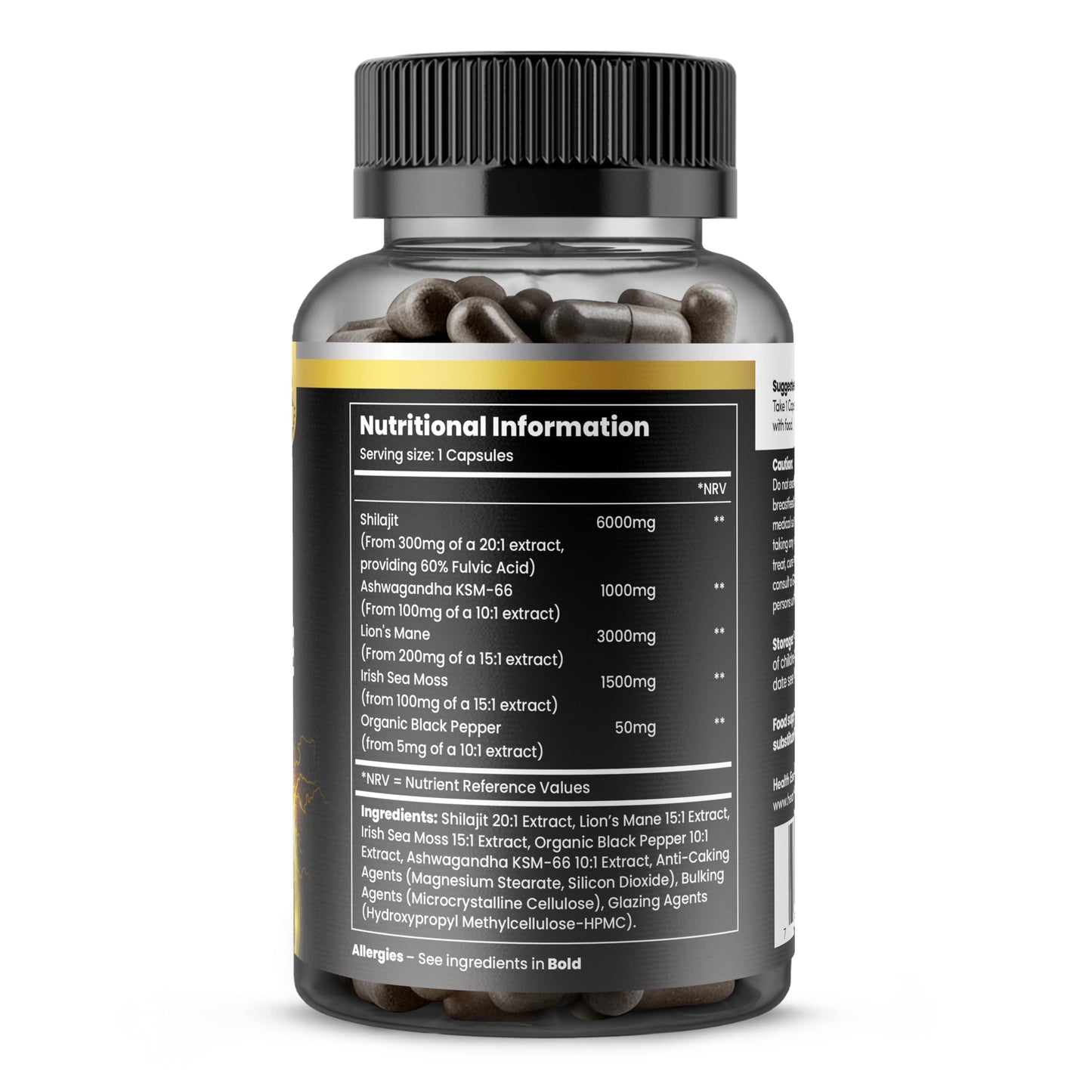 HealthEssent Shilajit Seamoss and Lions Mane Capsules, 11500mg 3-in-1 Brain & Focus Supplement with Ashwagandha & Black Pepper, High Strength Lions Mane Shilajit Blend for Energy & Immunity,120 Vegan Capsules