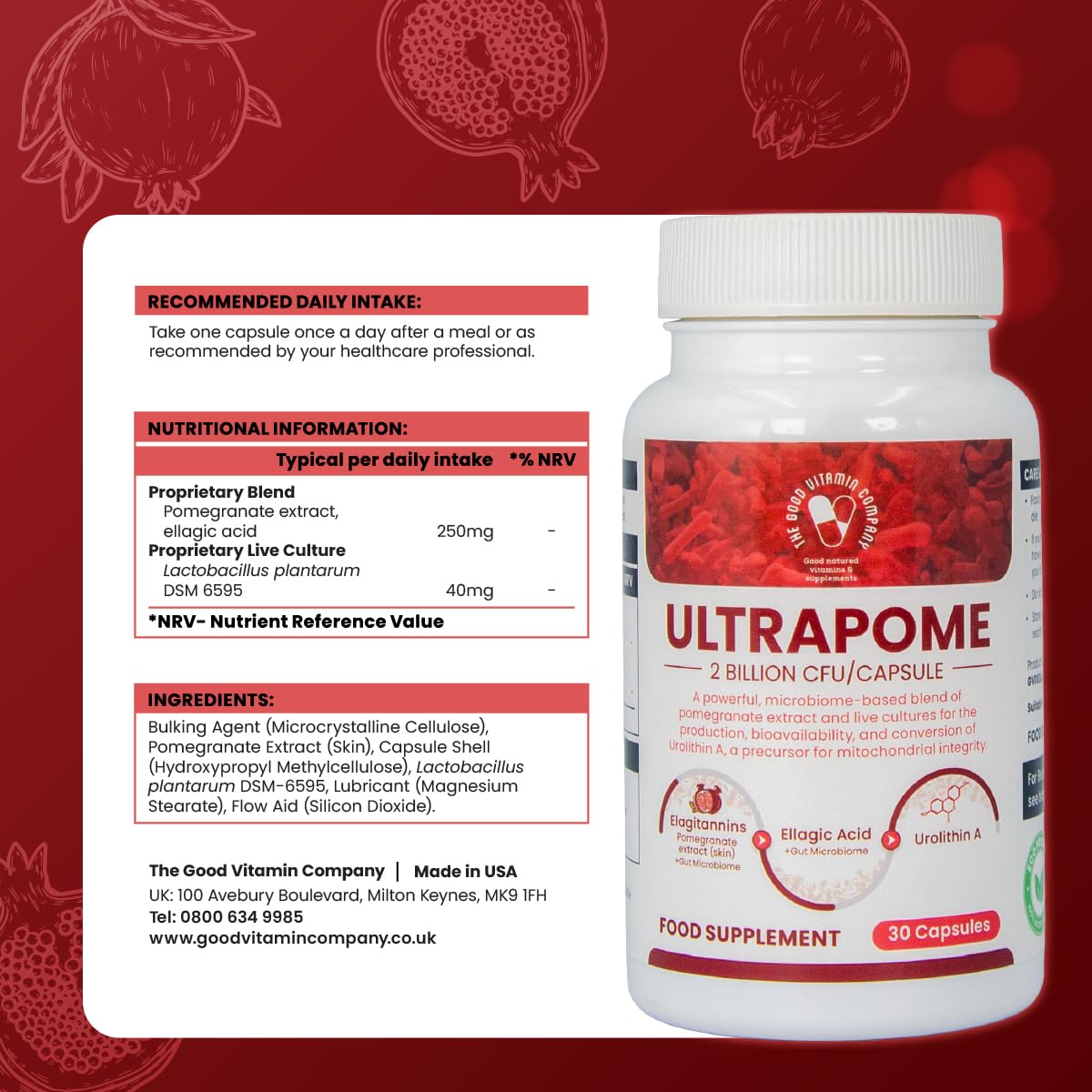 The Good Vitamin Company Ultrapome: 30 Vegetarian Capsules, Pomegranates + Live Cultures/Microbiome, Ellagitannins, Urolithin A Supplement, Cellular Health Complex for Mitochondrial Health, Mitophagy, Energy Support