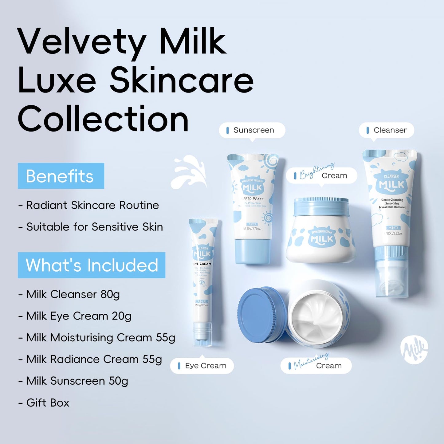 BeauBase Milk Skincare Set, 5 Pcs Face Care Kit with Shea Butter & Vitamin E for Hydrating & Revitalising, Christmas Birthday Gift for Women Teenage Girls Friends Wife, TSA-Friendly Travel Sizes