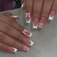 Generic 24PCS Fake Nails with 3D Bow Nails Tip - French Tip Square Press on Chrome for Women Girls Elegant Nail Art